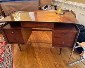 Mainline by Hooker Mid Century Walnut Double Pedestal Floating Top Desk