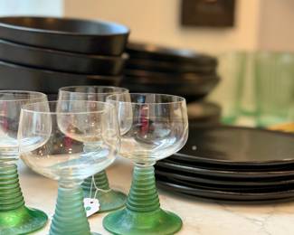 Vintage Roemer beehive glasses and contemporary black stoneware dish set