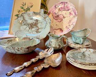 Sascha Brastoff plate set and Elilia Castillo silver plate serveware.