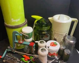 Vintage Kitchen Accessories Including Glass Nut Grinder Sears Roebuck Pitcher