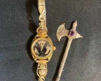 Armitron Wristwatch With Some 10K Gold Costume Axe Pin With Gem