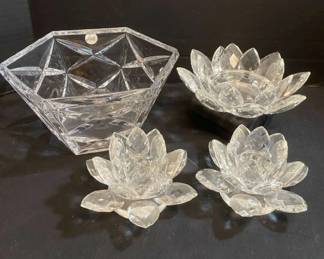 Cristal dArques Fruit Bowl Three Crystal Lotus Candle Holders