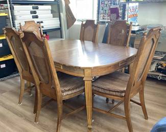 Expandable Dining Table With 8 MCM Cane Chairs