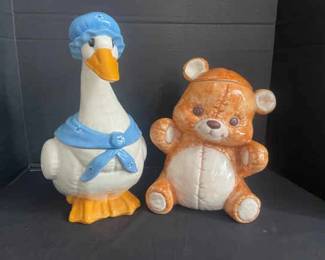 Ceramic Mother Goose And Stitched Teddy Bear Vintage Cookie Jars