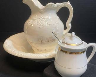 Vintage Wash Bowl and Pitcher Set Marked The Originals With Sugar Bowl And Spoon