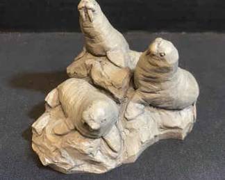 Mt Saint Helens Volcanic Ash Sculpture Of Sunbathing Walruses On A Rock