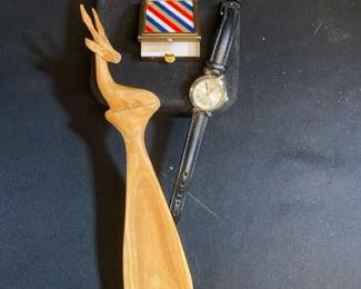 Hand Carved Wood Antelope Shoe Horn Mini Pill Box Timex Watch