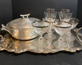 Silver Rimmed Stemmed Glasses Serving Tray Everlast Casserole Dish