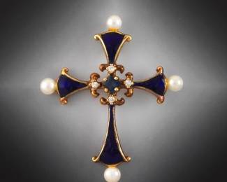 Ladies Gold, Enamel, Blue Sapphire, Diamond and Pearl Cross Pendant