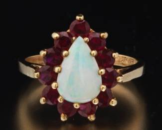 Ladies Gold, Opal and Red Spinel Ring