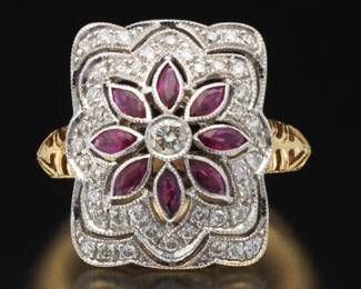 Ladies Edwardian Style TwoTone Gold, Ruby and Diamond Ring