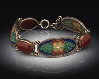 WMC Wolcott Sterling Silver, PliqueaJour and Carnelian Color Glass Bracelet