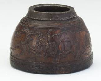 Chinese Carved Coconut Shell Bowl with Landscape Motifs