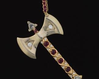 Gold, Diamond and Ruby Battle Axe Pendant