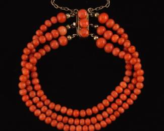 Victorian Silver Gilt and Salmon Coral Three Gradual Strand Bracelet