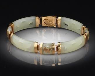 Ladies Gold and Carved Jade Butterflies Bracelet