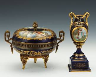 Group of Two HandPainted Porcelain Decorative Pieces in Sevres Style