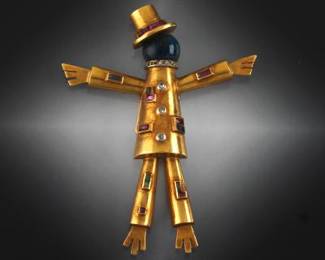J. Lacloche Depose Paris Cannes Antique Gold, Gem Stones and Diamond Scarecrow Pin Clip