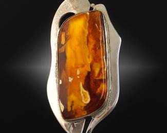 Ladies Artisan Sterling Silver and Amber Pin Brooch