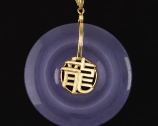 Ladies Gold and Lavender Jadeite Jade Happy Fortune Pendant