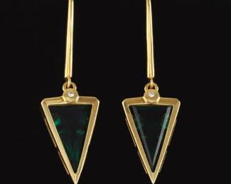 Ladies Pair of Gold, Diamond and Lab Grown Green Spinel Earrings