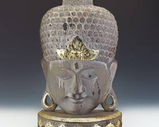 Monumental Stone Imitation Carved Wood Patinated Gild Buddhas Head