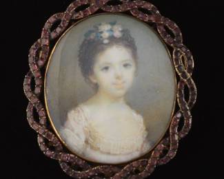Exceptionally Fine Georgian Gold, Pink Corundum and Miniature Portrait Brooch, ca. Early 19th Century