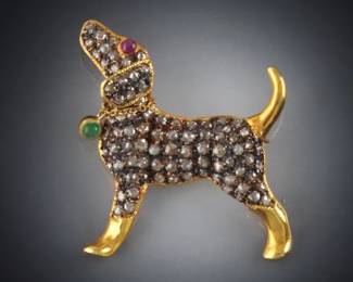 Diamond and Gemstone Dog Brooch