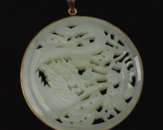 Ladies Gold and Carved White Jade Double Sided Dragon Pendant