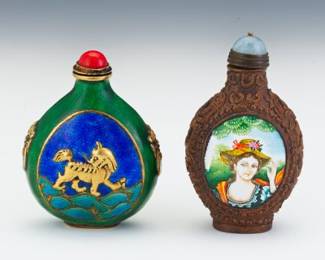 Two Chinese Copper Alloy and Enamel Snuff Bottles, One with Qianlong Marks
