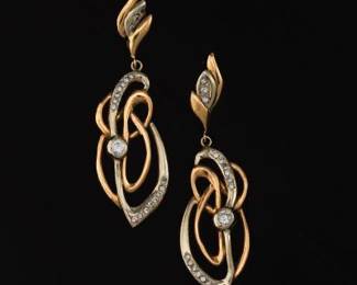 Ladies Pair of TwoTone Gold and Diamond Abstract Scroll Earrings