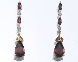 Ladies Pair of Gold, Garnet and Diamond Dangle Earrings