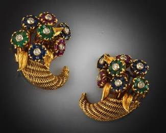 Tiffany Co. Retro Italian Gold, Diamond and Gem Stones Pair of Cornucopia Tremblant Ear Clips