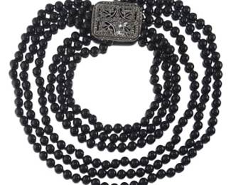 Ladies Art Deco Style Sterling Silver, Marcasite and Black Onyx Beads Three Strands Necklace