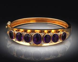 Ladies Victorian Style Gold, Amethyst and Rose Cut Diamond Bangle