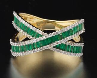 14K Emerald and Diamond Crossover Ring