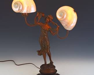 Art Nouveau Two Lite Table Lamp with Natural Nautilus Shades