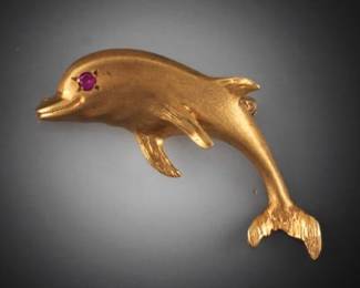 Ladies Vintage Gold and Pink Spinel Dolphin Pin Brooch