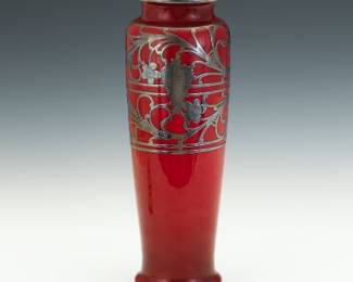 Art Nouveau Silver Overlay Red Glass Vase, c. Early 20th Century