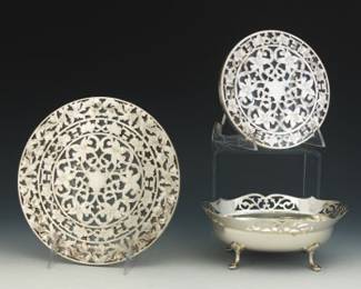 Two Sterling Applique Trivets and Plated Oval Bowl