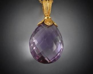 Ladies Gold and Amethyst Briolette Drop Pendant on Chain