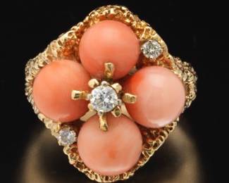 14K Coral Ball and Diamond Ring
