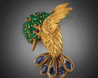 Ladies Vintage Gold, Emerald, Blue Sapphire and Ruby Adorable Hummingbird Pin Brooch, Marked VCA