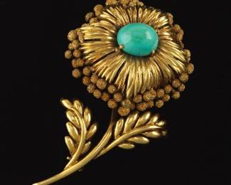 Tiffany Co. Italy Vintage 18K Gold and Turquoise Floral Pin Brooch