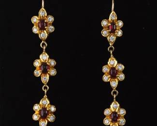 Ladies Pair of Gold, Ruby and Diamond Dangle Floral Earrings