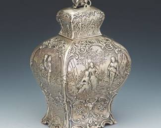 Wolf Knell Hanau German 800 Silver Baroque Style Tea Caddy, ca. 19th Century