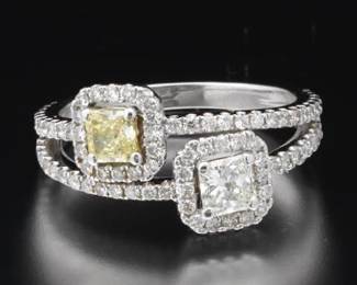 Ladies Gold, Fancy Yellow and White Diamond Bypass Ring