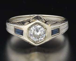 Ladies Art Deco Gold, Diamond and Blue Sapphire Ring