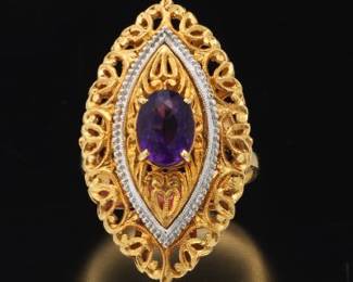 Ladies Italian TwoTone Gold and Amethyst Navette Ring