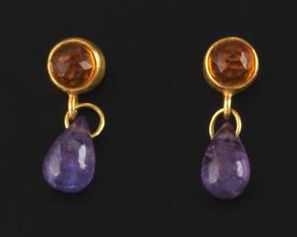 A Pair of 22k Citrine and Amethyst Earrings
